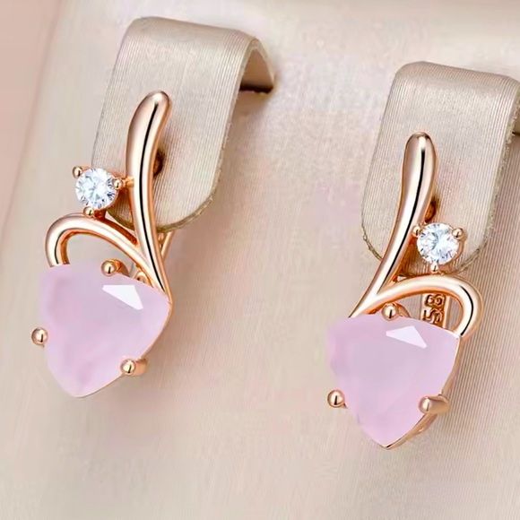 Luzy Jewelry Jewelry - Beautiful Rose Gold 585RG Pink Natural Gem Zircon Heart Design Earrings